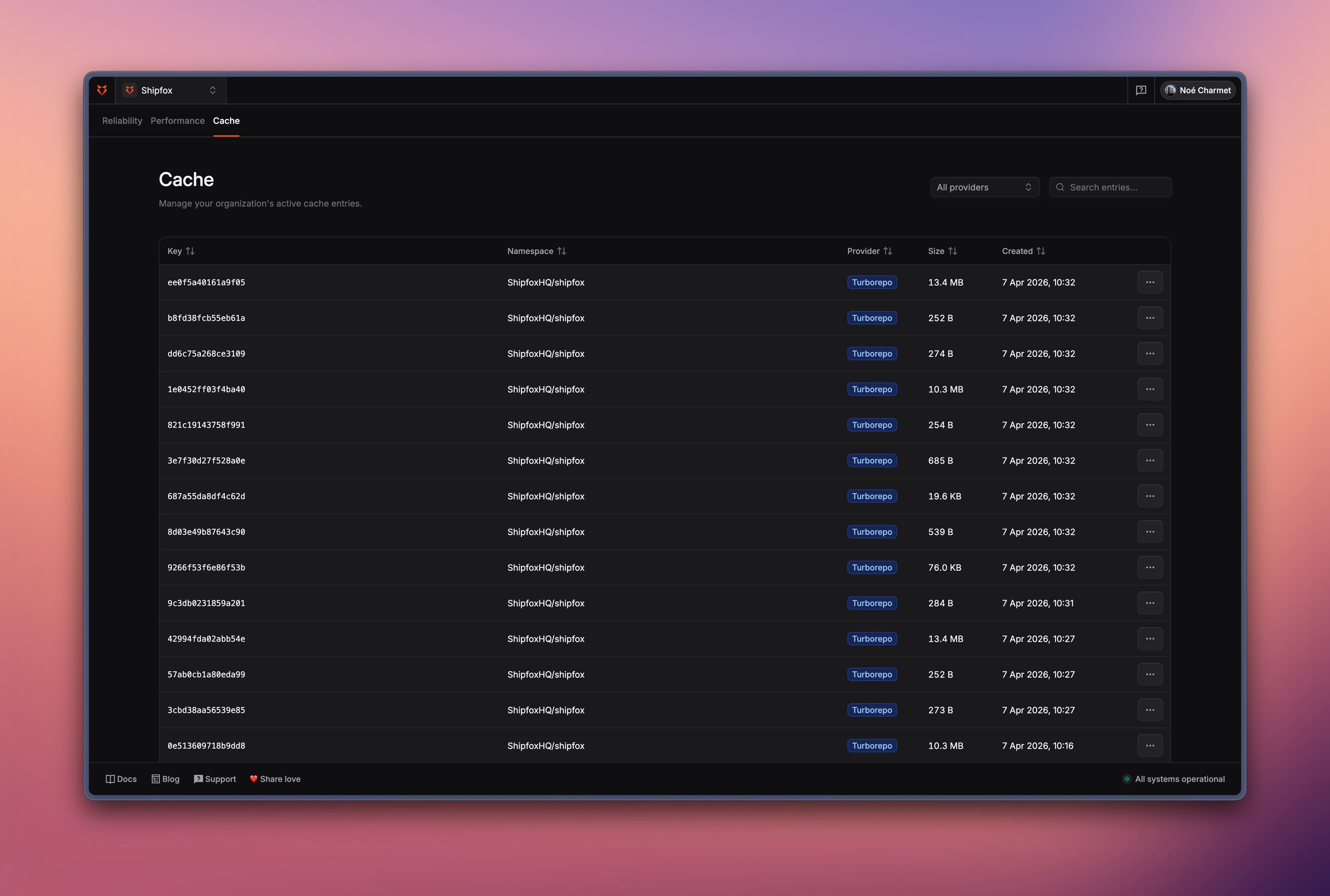 Screenshot of the Shipfox cache management page Cache management page